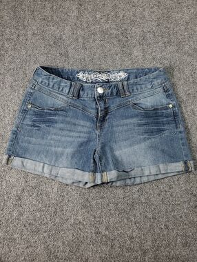 Vintage Y2K Express Mini Jean Shorts Womens Size 8 Low Rise Cuffed Blue Denim